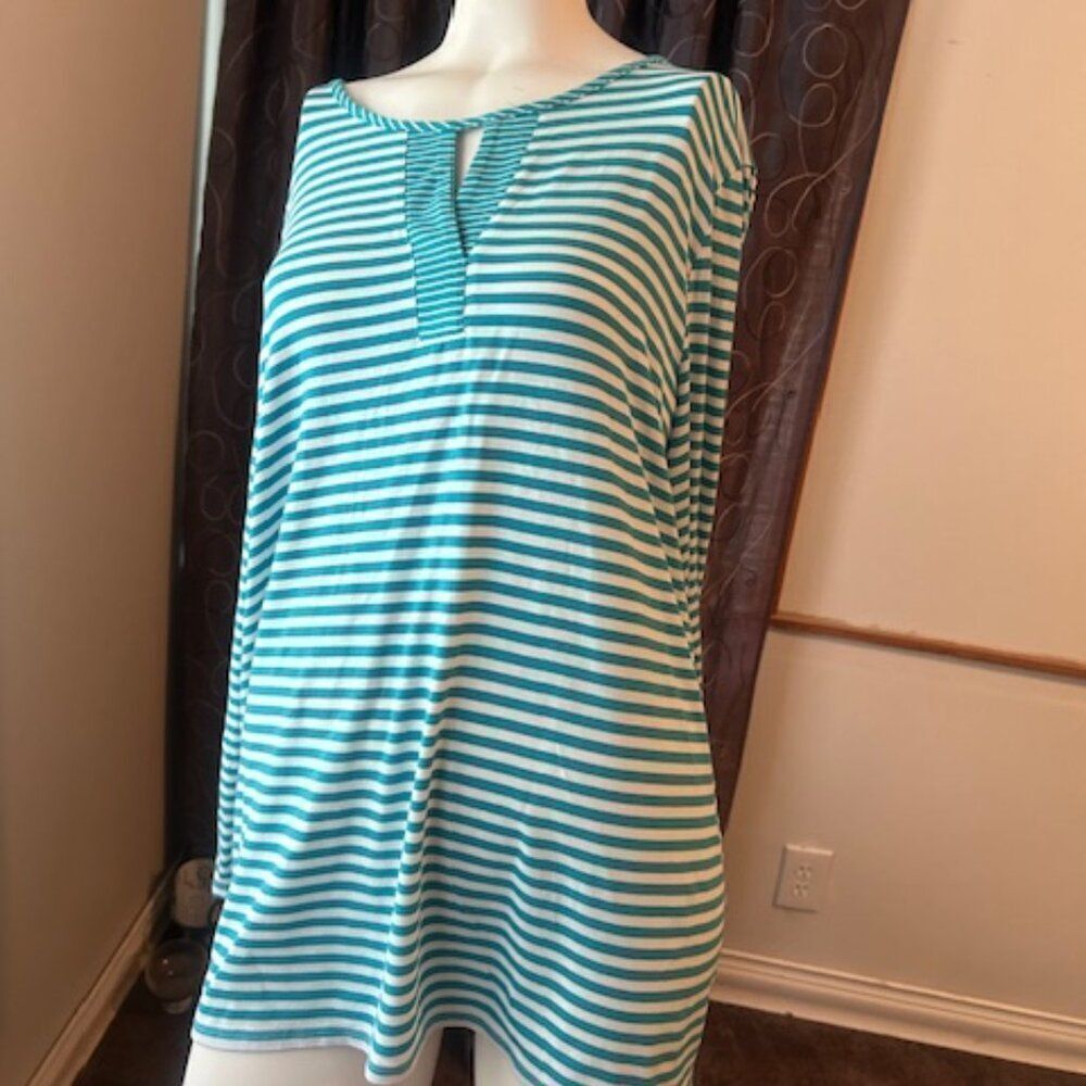 Chico's Teal/White stripe peep hole front roll tab sleeves top, size 3/16